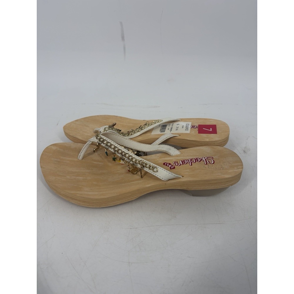 Y2K Skechers Cali Charm Bracelet Chain Thong Sandals White Wood Look Wedge W 7